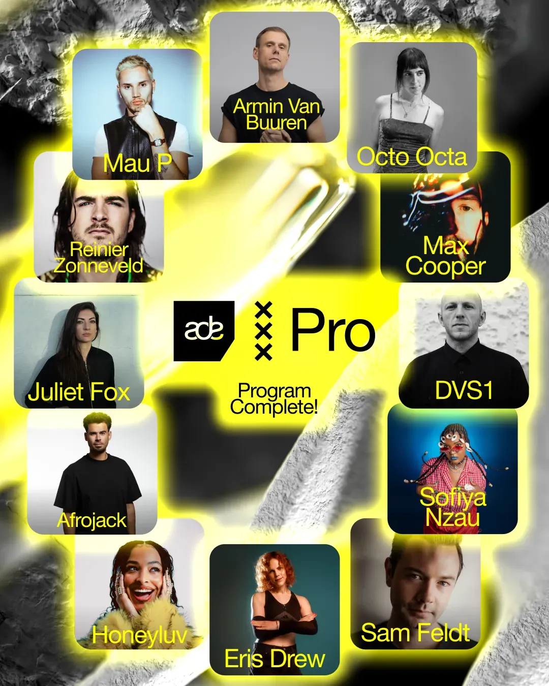 Official ADE Pro 2026 programme artwork featuring conference artists and speakers