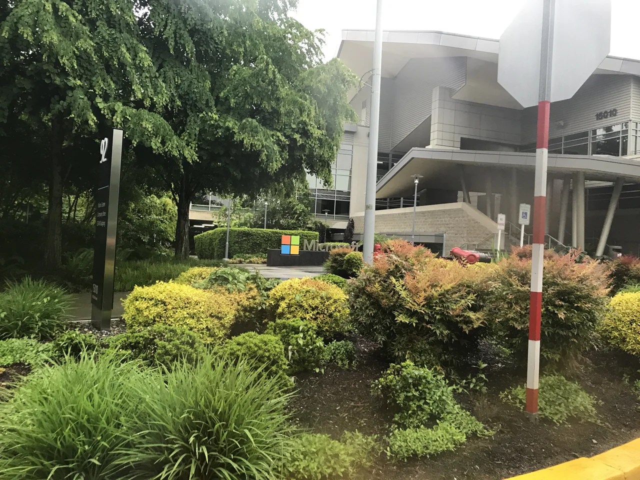 Microsoft logo outside the Visitor Center at Building 92 in Redmond, photographed in May 2022
