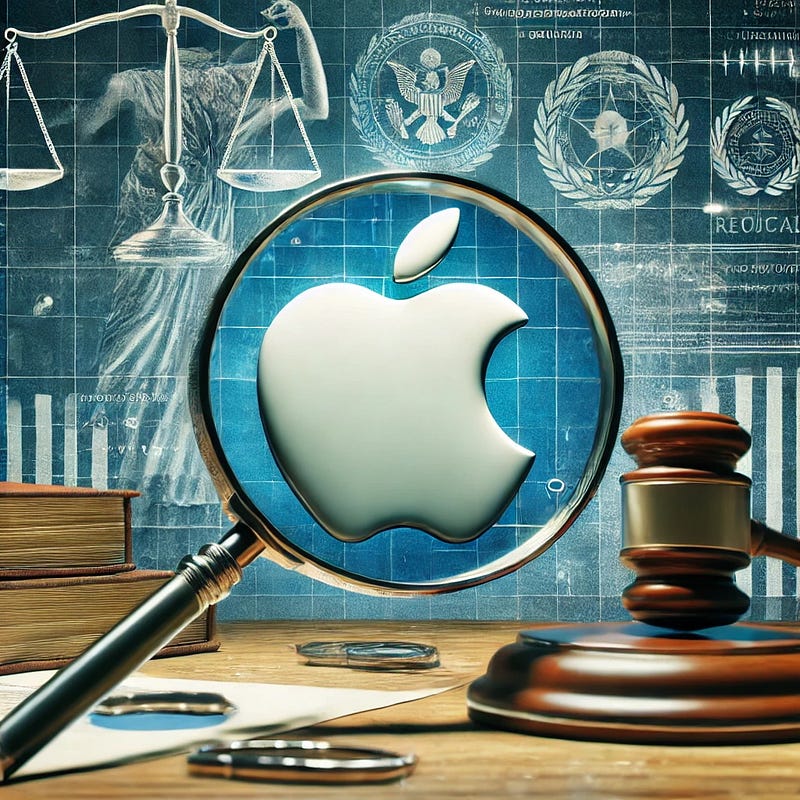 An Apple logo being scrutinized under a magnifying glass, with legal symbols (scales of justice, regulatory documents) in the background.